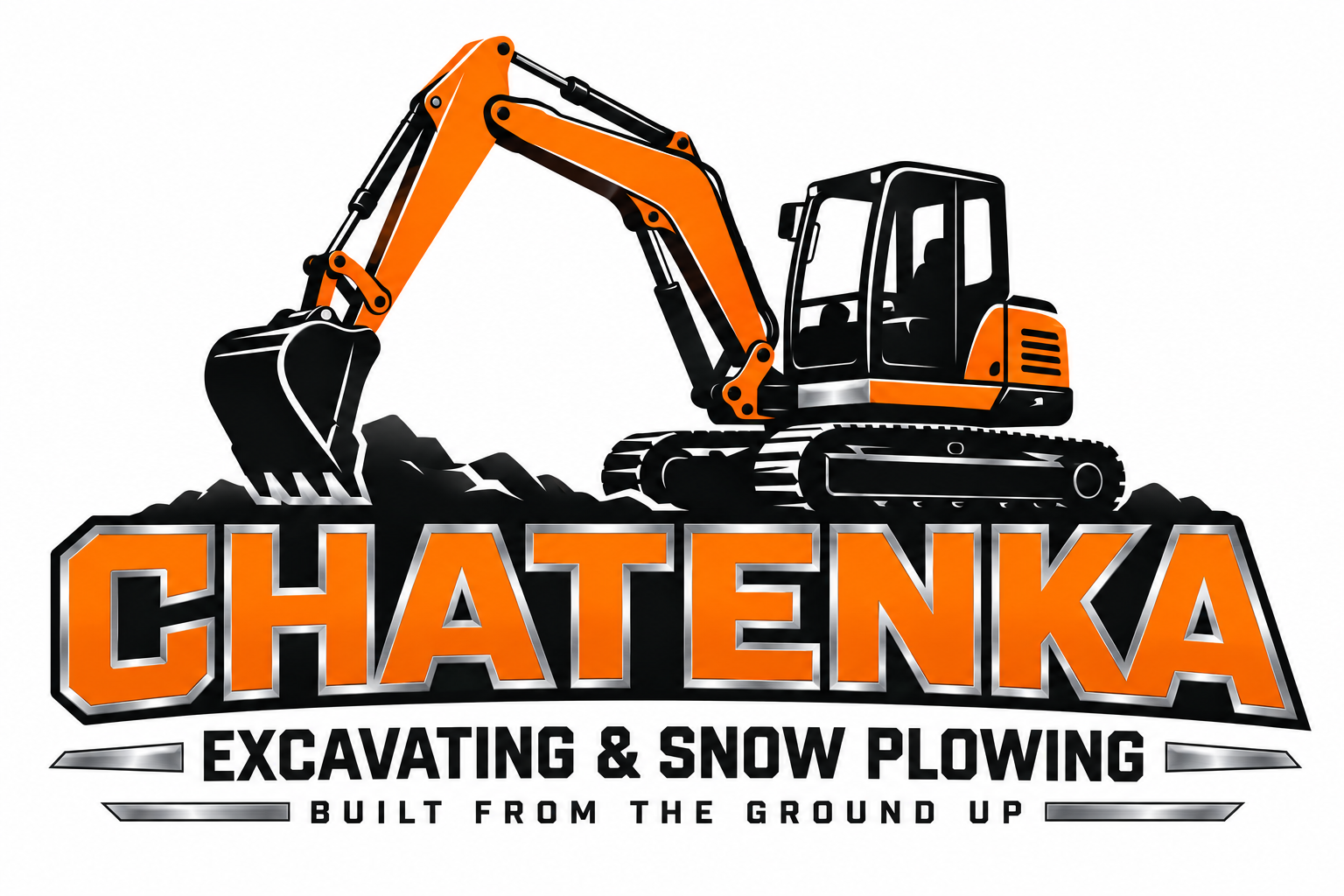 Chatenka Excavating & Snow Plowing. Orange excavator with silver-trimmed lettering. Built from the Ground Up.