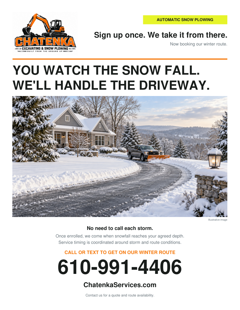 Chatenka snow plowing flyer. Call or text 610-991-4406.